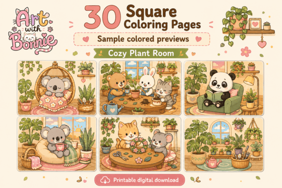 Cute Cozy Plant Room Animal Coloring PDF
