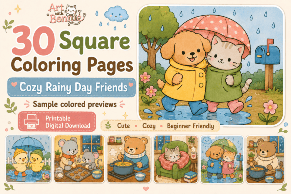 Cute Cozy Rainy Day Coloring Pages PDF