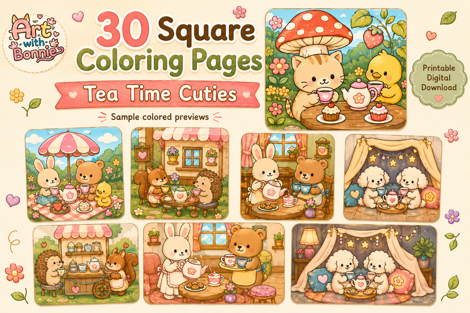 Cute Tea Time Cuties Coloring Pages PDF