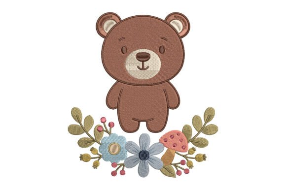Cute Teddy Bear Floral Embroidery Design