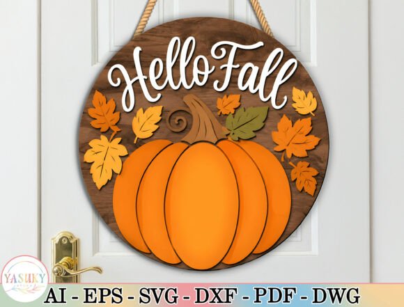 Hello Fall Pumpkin Door Hanger SVG Laser Cutting By yasushimuraki