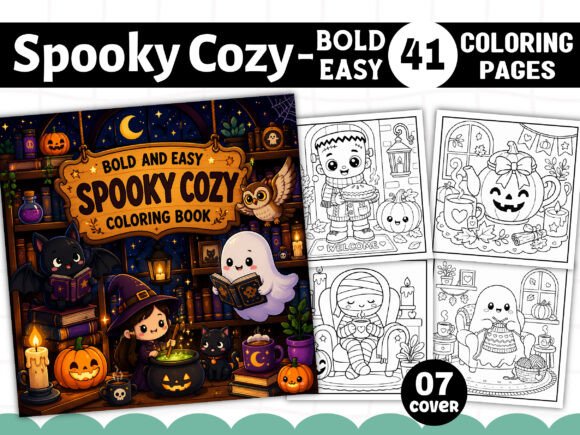 Preview of Spooky Cozy Bold and Easy Coloring Book adult coloring pages
