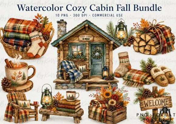 Watercolor Cozy Cabin Fall Bundle PNG