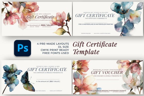 Watercolor Floral Gift Voucher Template,