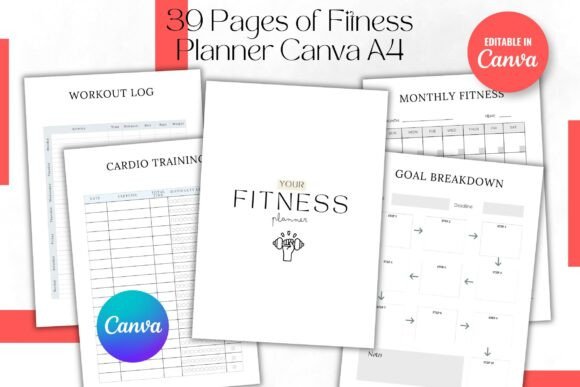 39 Pages of Fitness Planner Canva A4