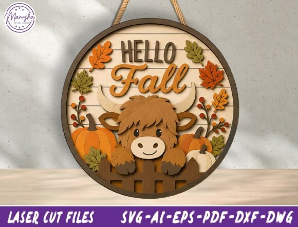 Autumn Highland Cow Door Hanger Svg Laser Cutting