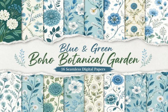 Blue & Green Boho Botanical Garden Paper