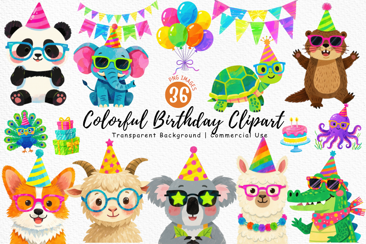 Colorful Birthday Animal Clipart PNG