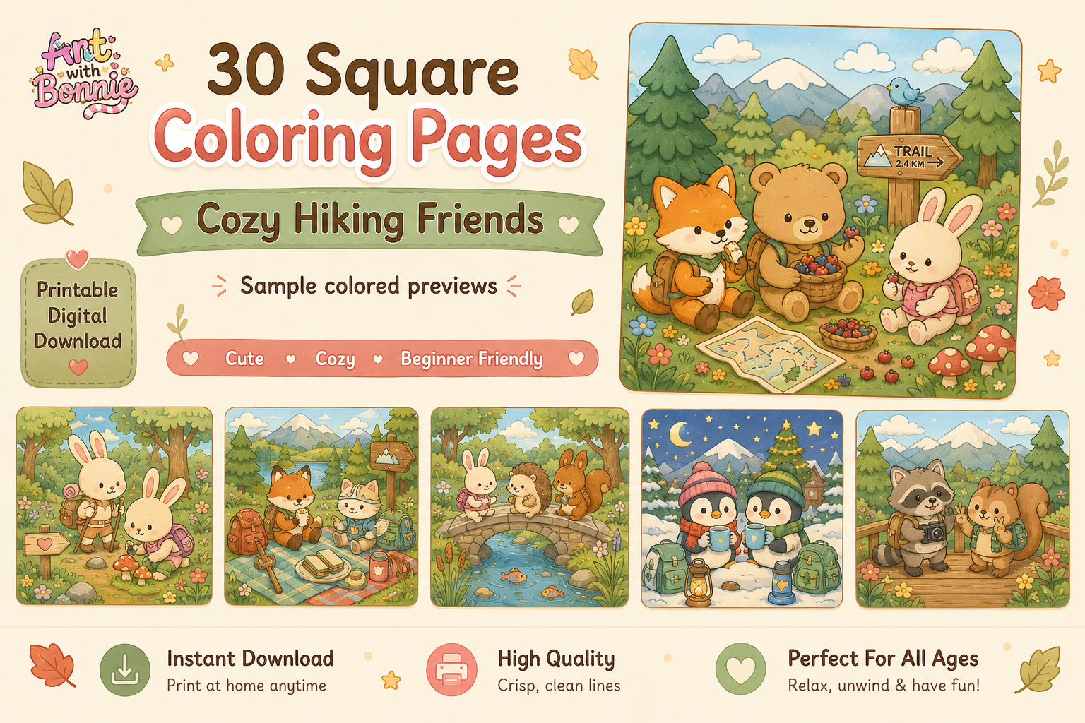 Cozy Hiking Friends Coloring Pages Pack