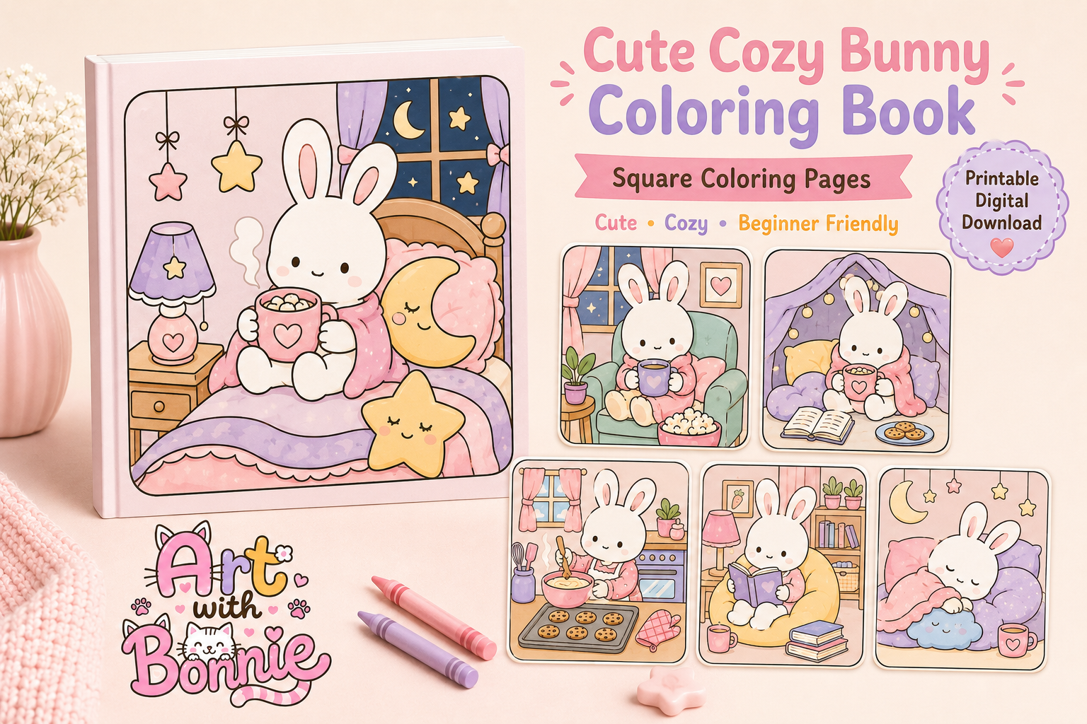 Cute Cozy Bunny Coloring Pages Bundle