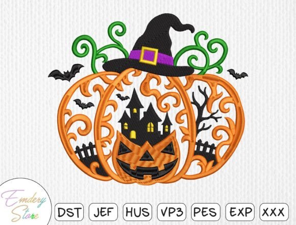 Pumpkin Haunted House Embroidery Design