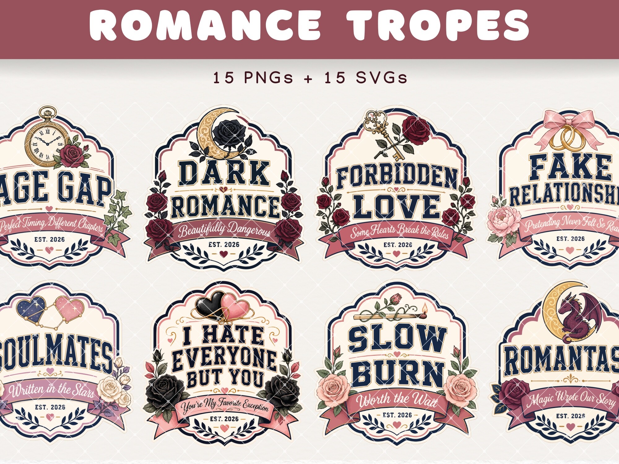 Romance Tropes Badge Clipart Bookish PNG