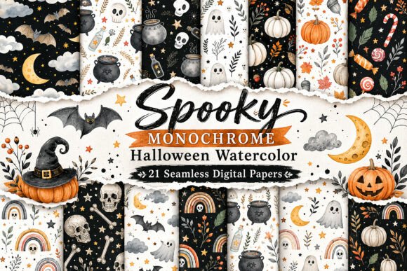 Spooky Monochrome Halloween Watercolor