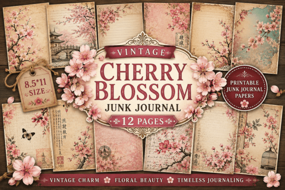 Preview of Vintage Cherry Blossom Junk Journal Page