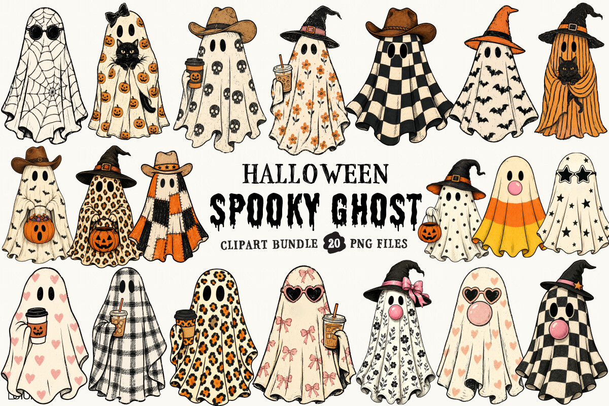 Vintage Spooky Ghost Bundle — Halloween PNG design preview
