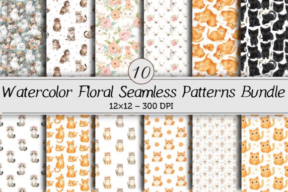 Watercolor Floral Cat Seamless Pattern B