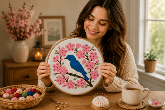 Bluebird Cherry Blossom Cross Stitch