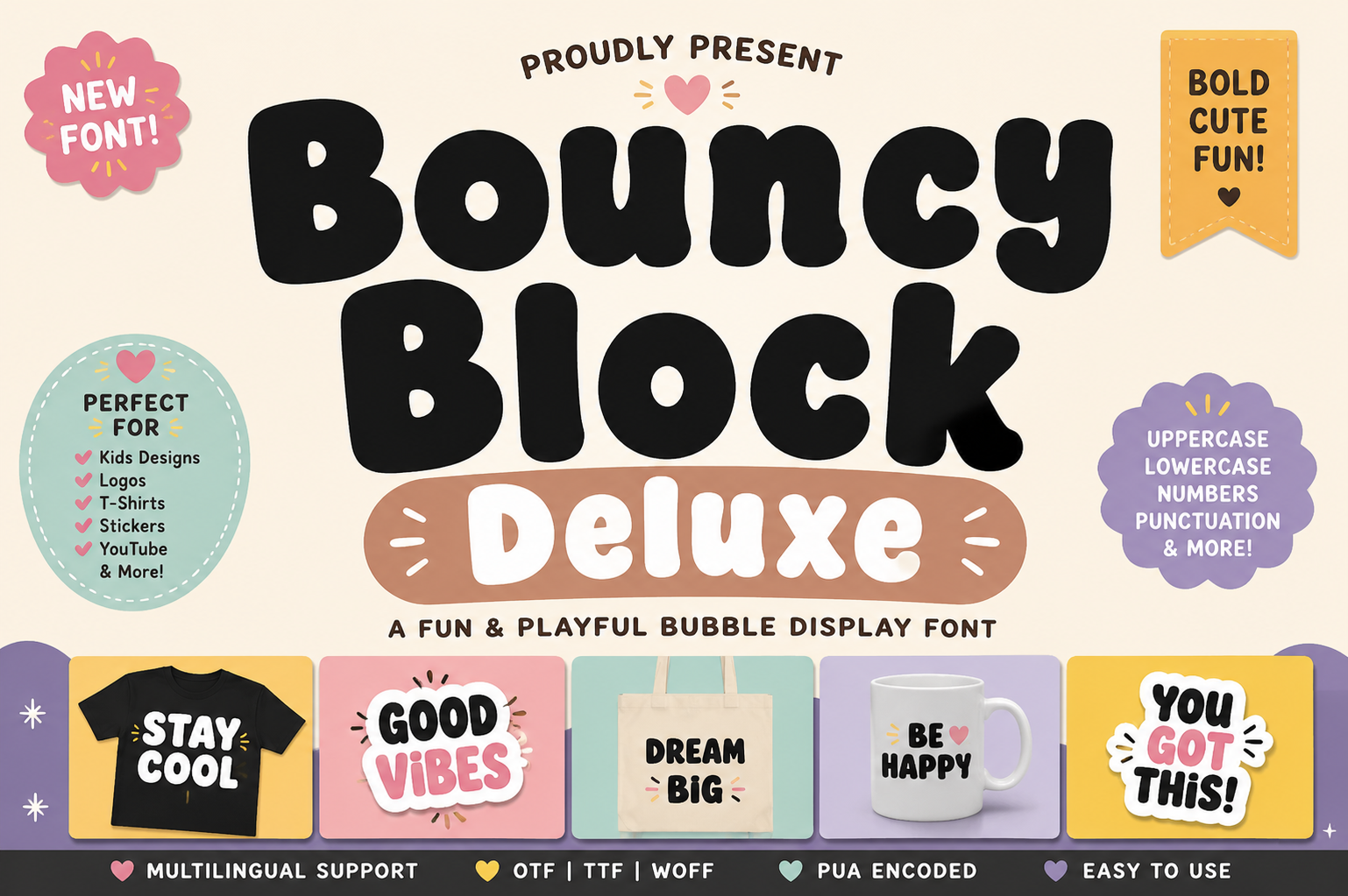 Bouncy Block Deluxe font preview - playful bouncy rounded block typeface