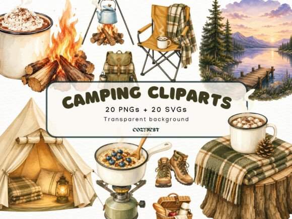 Cozy Camping Watercolor Cliparts PNG SVG