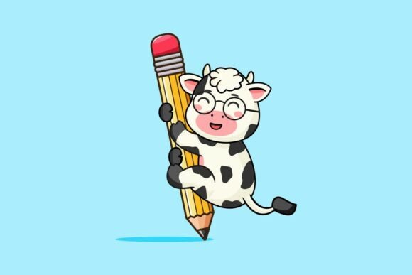 Cute Cow Hanging with a Pencil