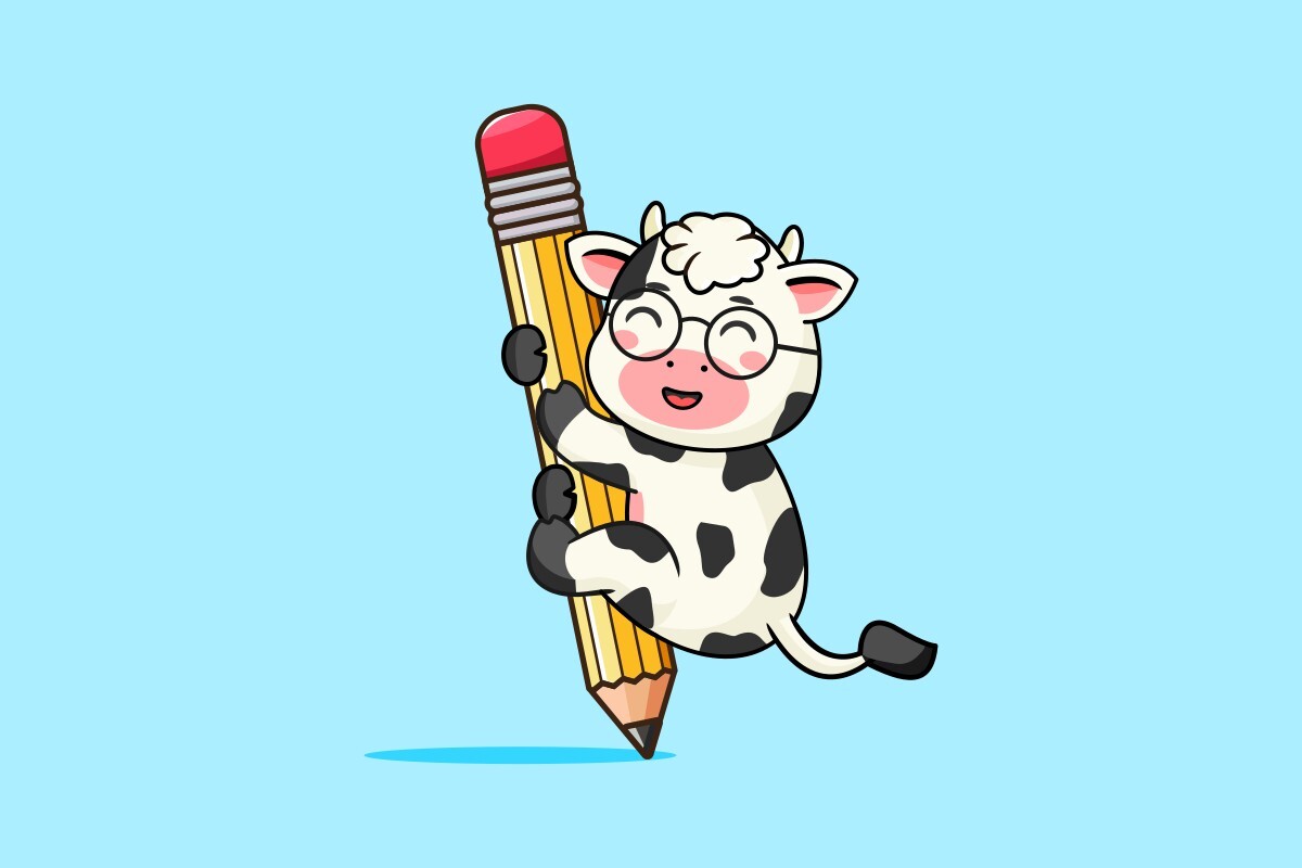 Cute Cow Hanging with a Pencil