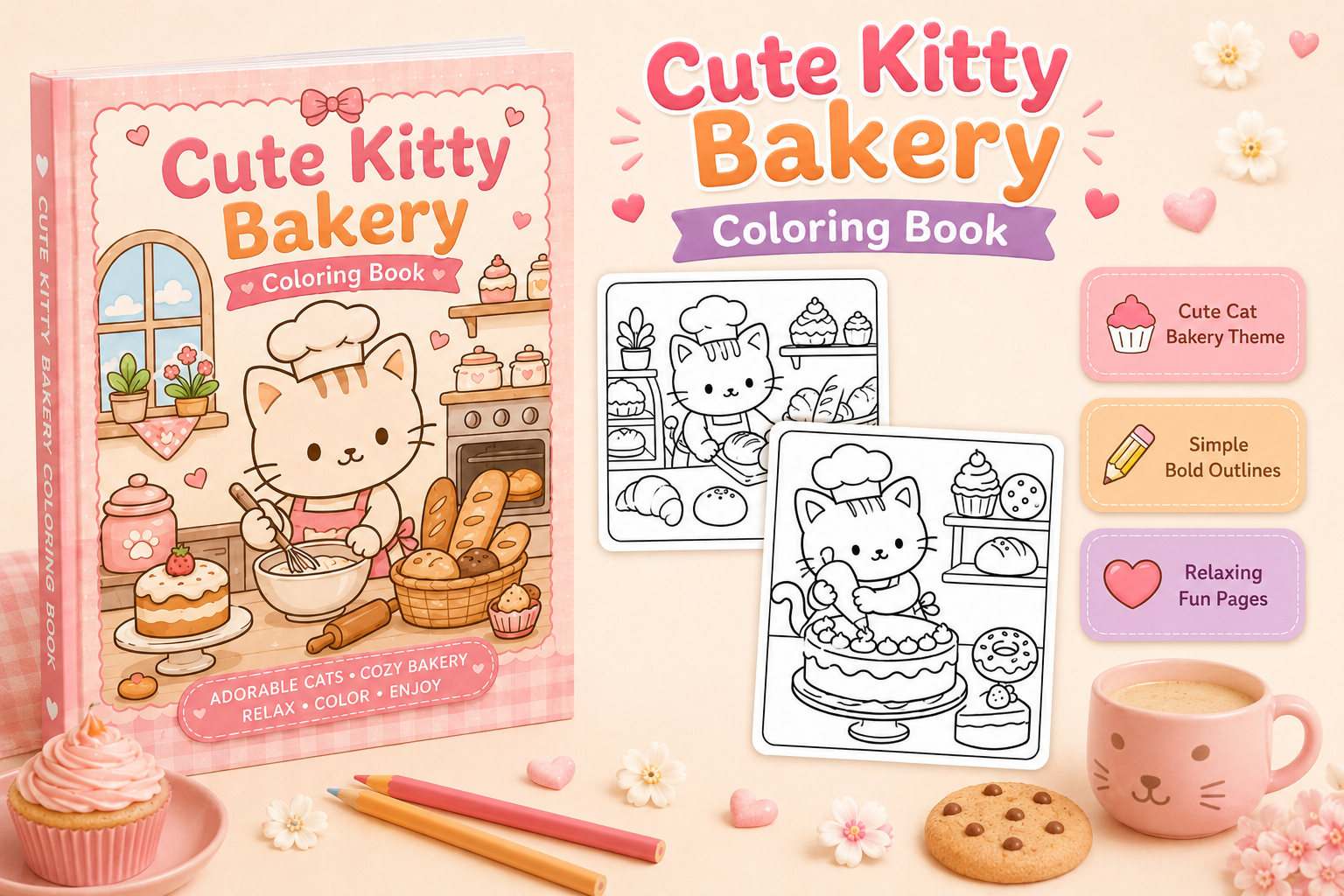Cute Kitty Bakery Coloring Pages Bundle
