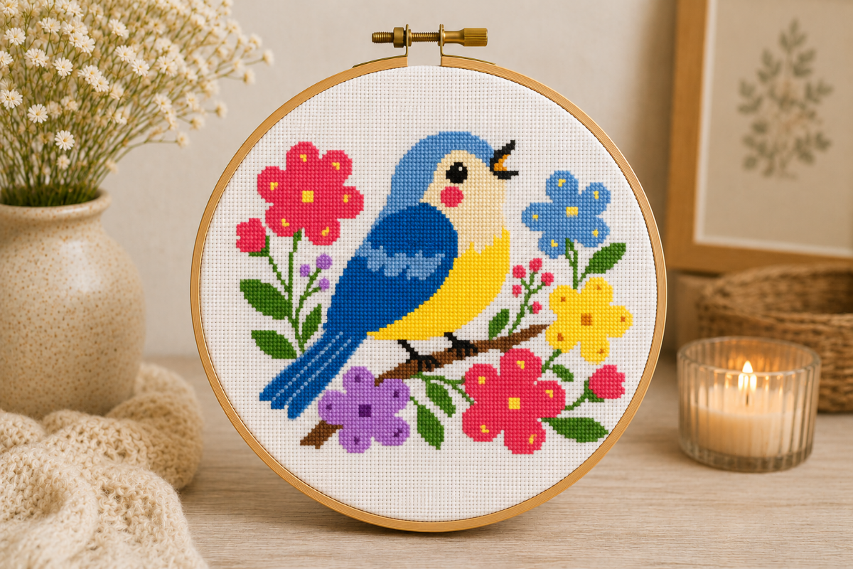 Cute Songbird Floral Cross Stitch