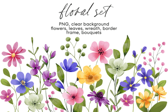 Floral Watercolor Set with Flowers, PNG.