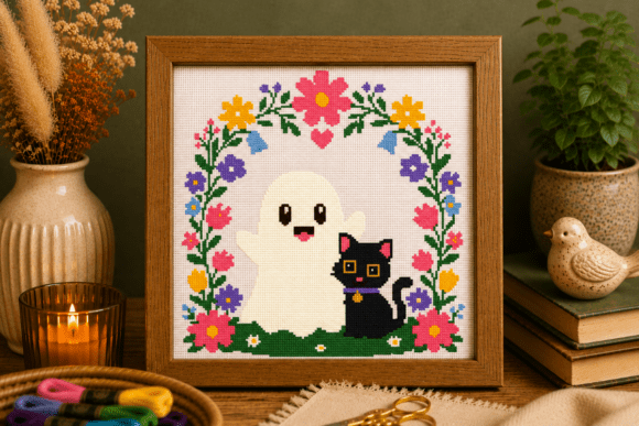 Ghost with Black Cat Cross Stitch Patter