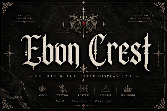 Preview specimen of Ebon Crest blackletter font