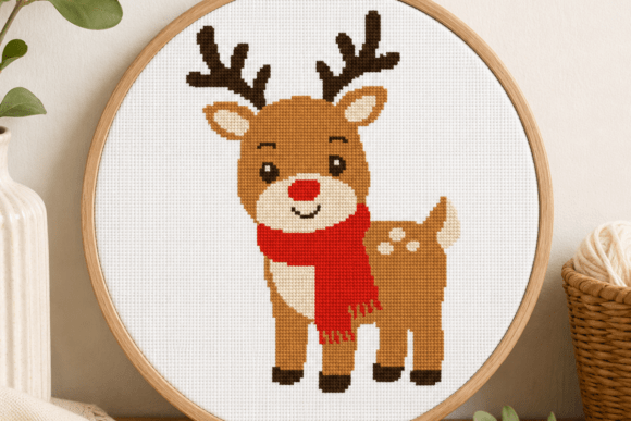Reindeer Red Scarf Cross Stitch