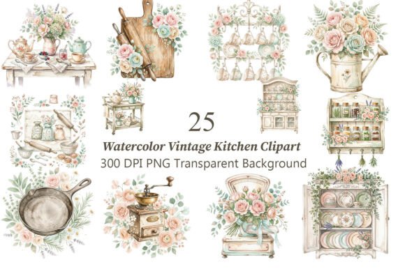 Vintage Kitchen Watercolor PNG Clipart