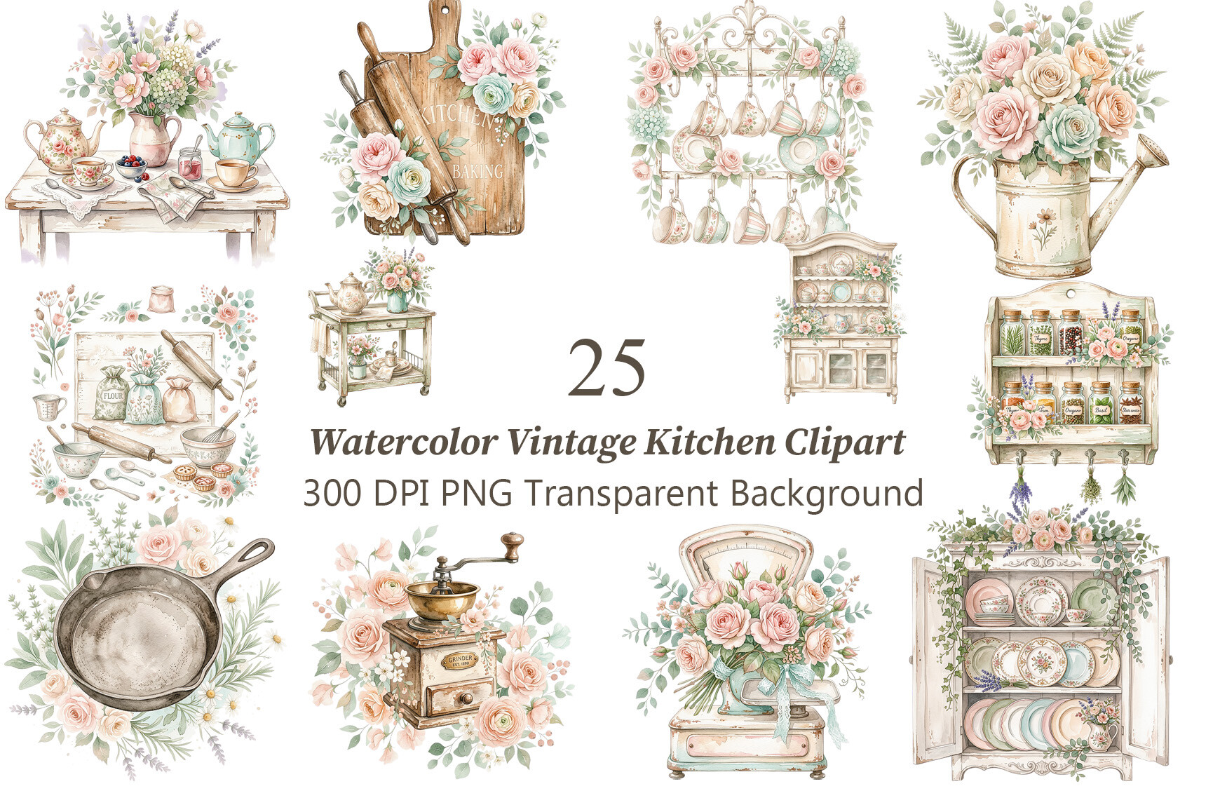 Vintage Kitchen Watercolor PNG Clipart