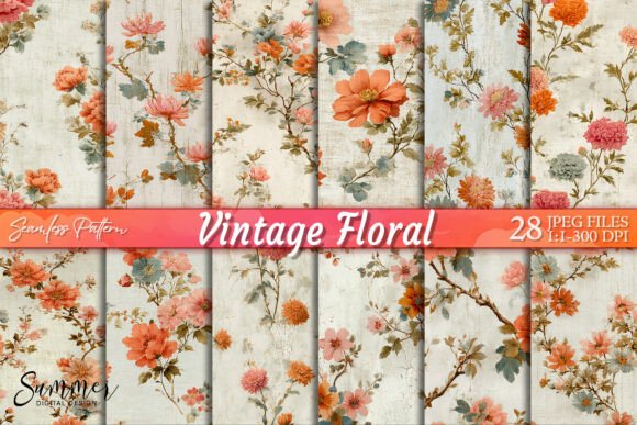 Vintage Orange Distressed Peach Floral