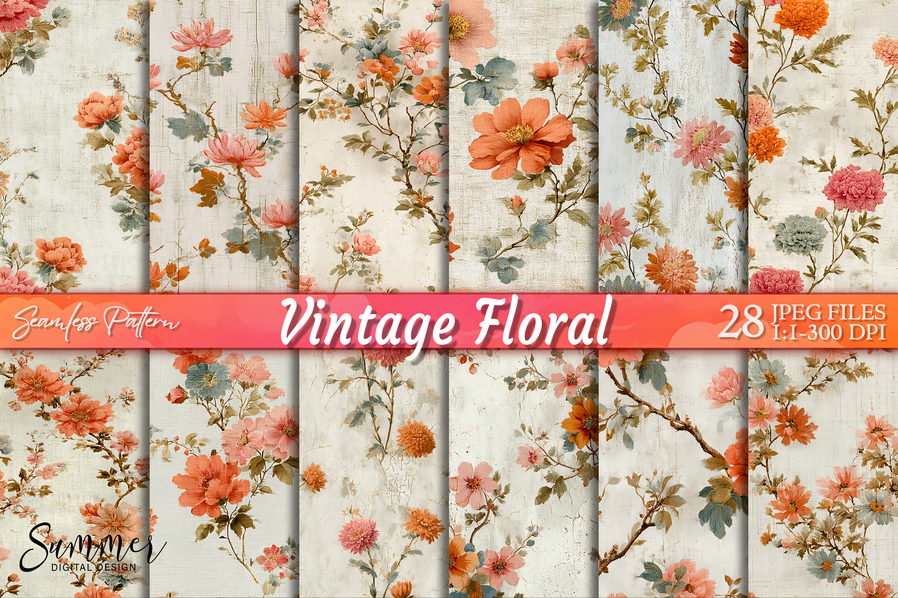 Vintage Orange Distressed Peach Floral