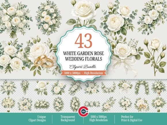 White Garden Rose Wedding Floral Clipart