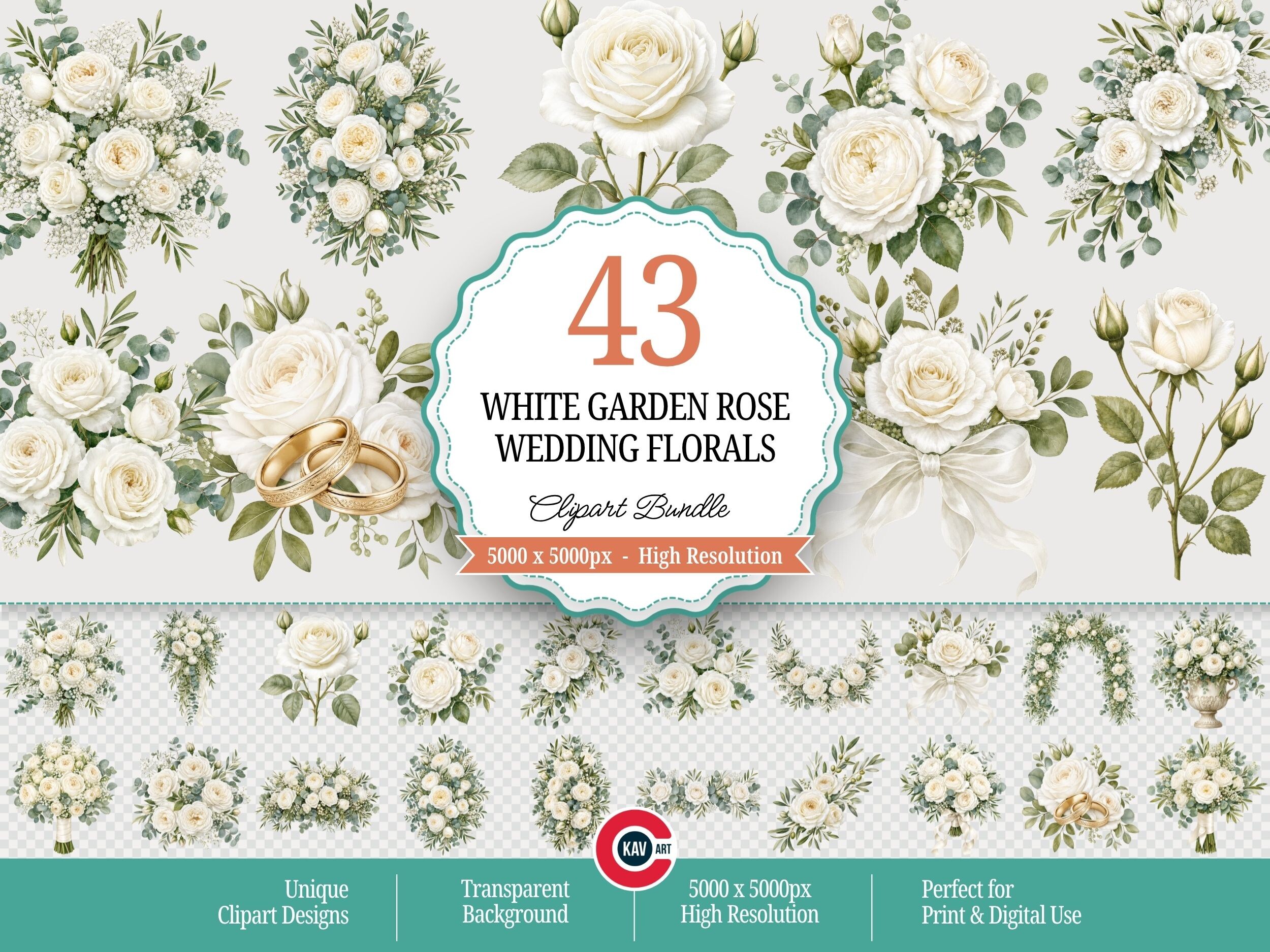 White Garden Rose Wedding Floral Clipart