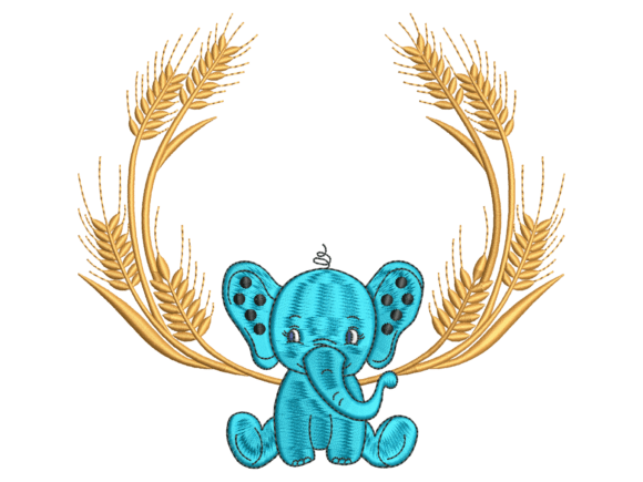 Cute Elephant Wheat Wreath Embroidery