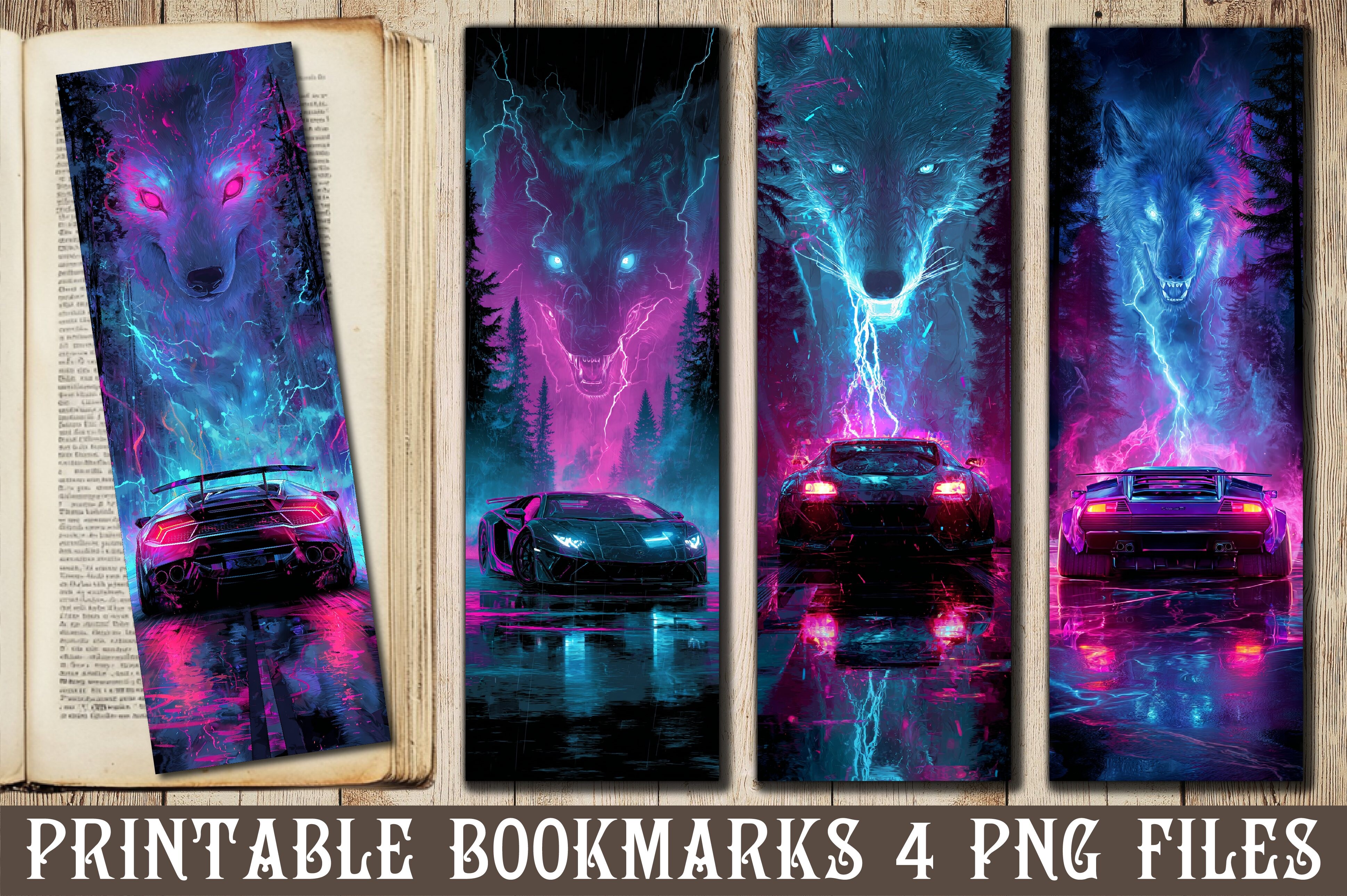 Neon Wolf Supercar Art Bookmark PNG