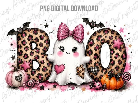 Pink Leopard Boo Ghost Halloween PNG