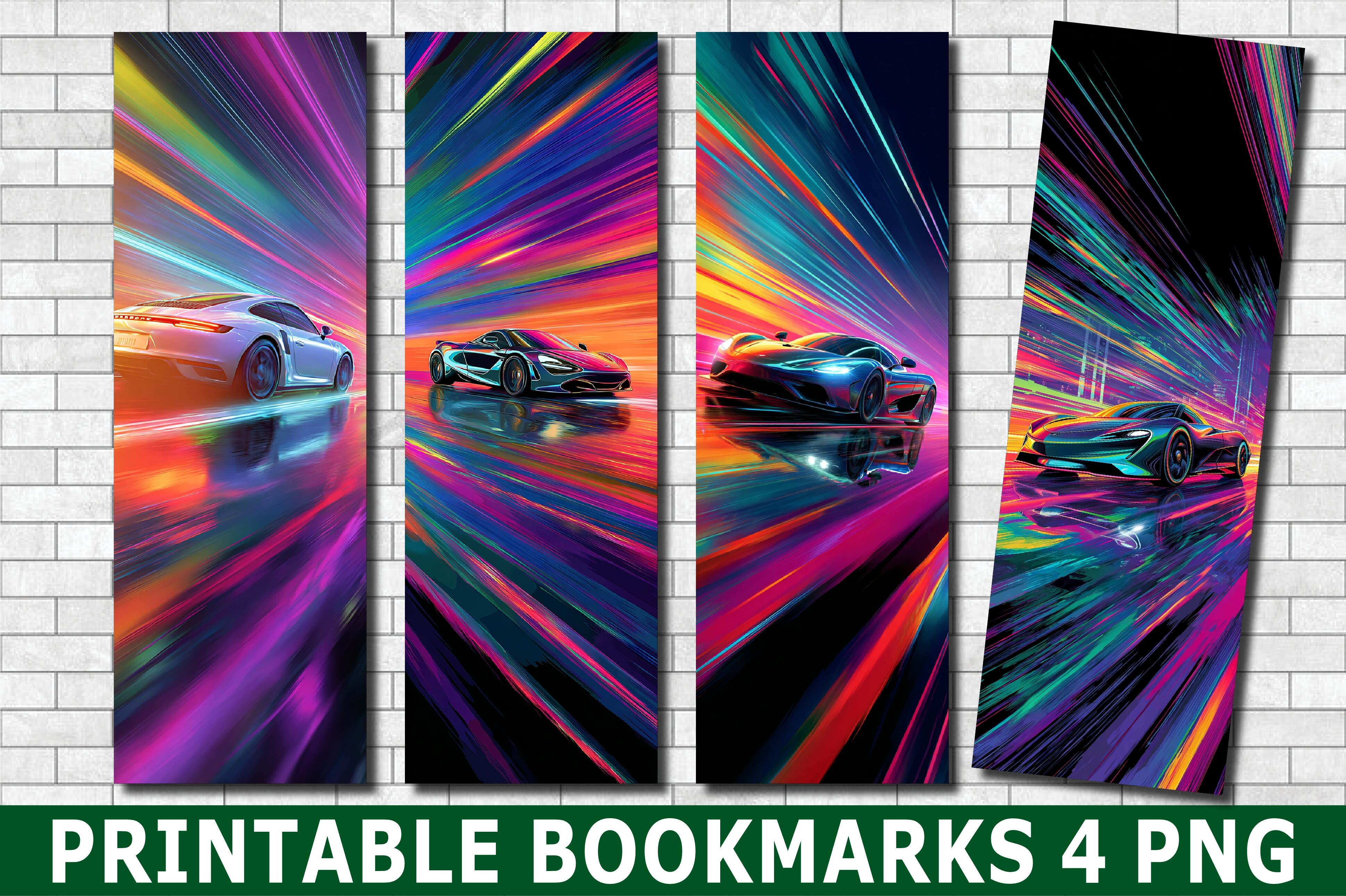 Vibrant Neon Supercar Bookmark Set
