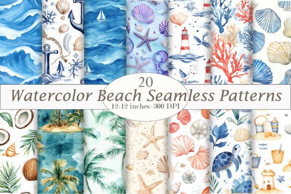 Watercolor Beach Seamless Patterns