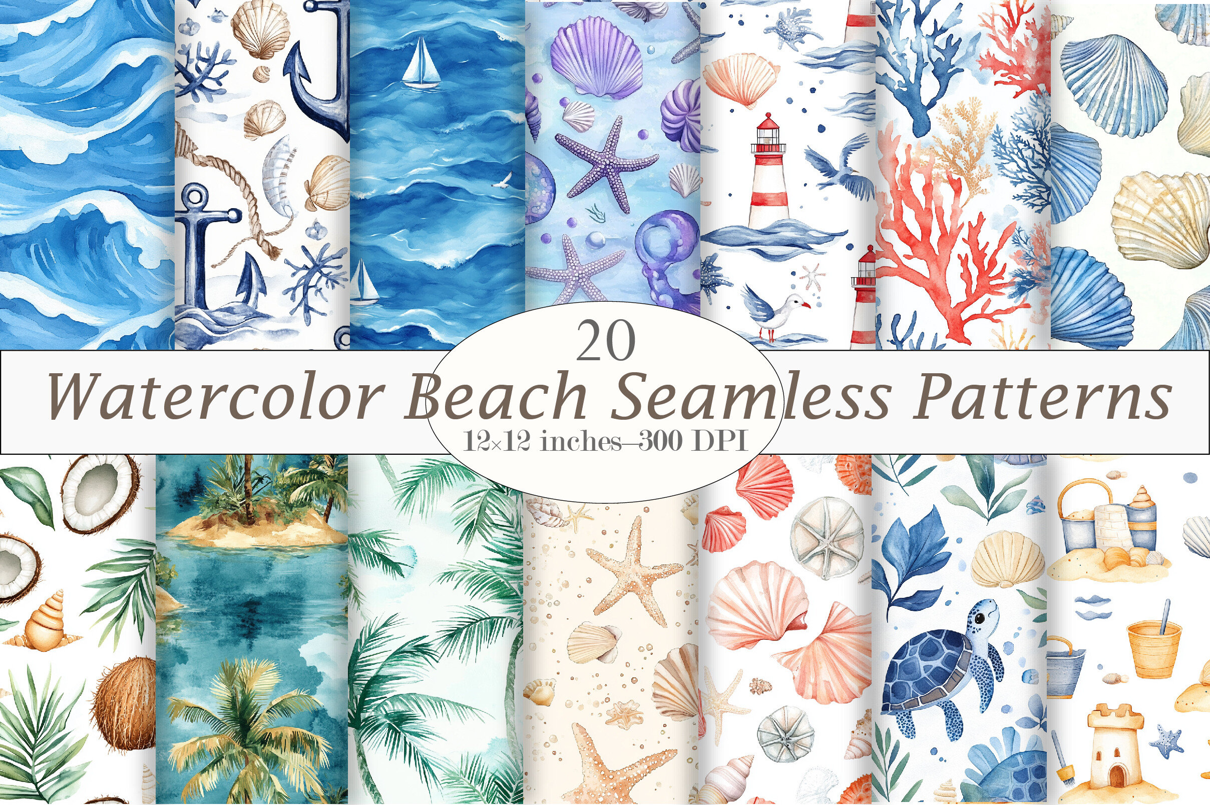 Watercolor Beach Seamless Patterns