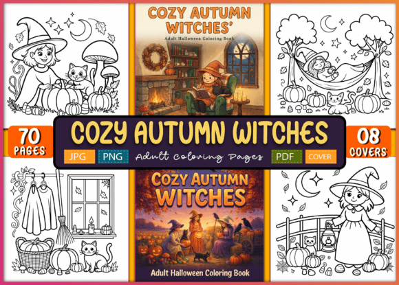 Cozy Autumn Witches Adult Coloring Pages
