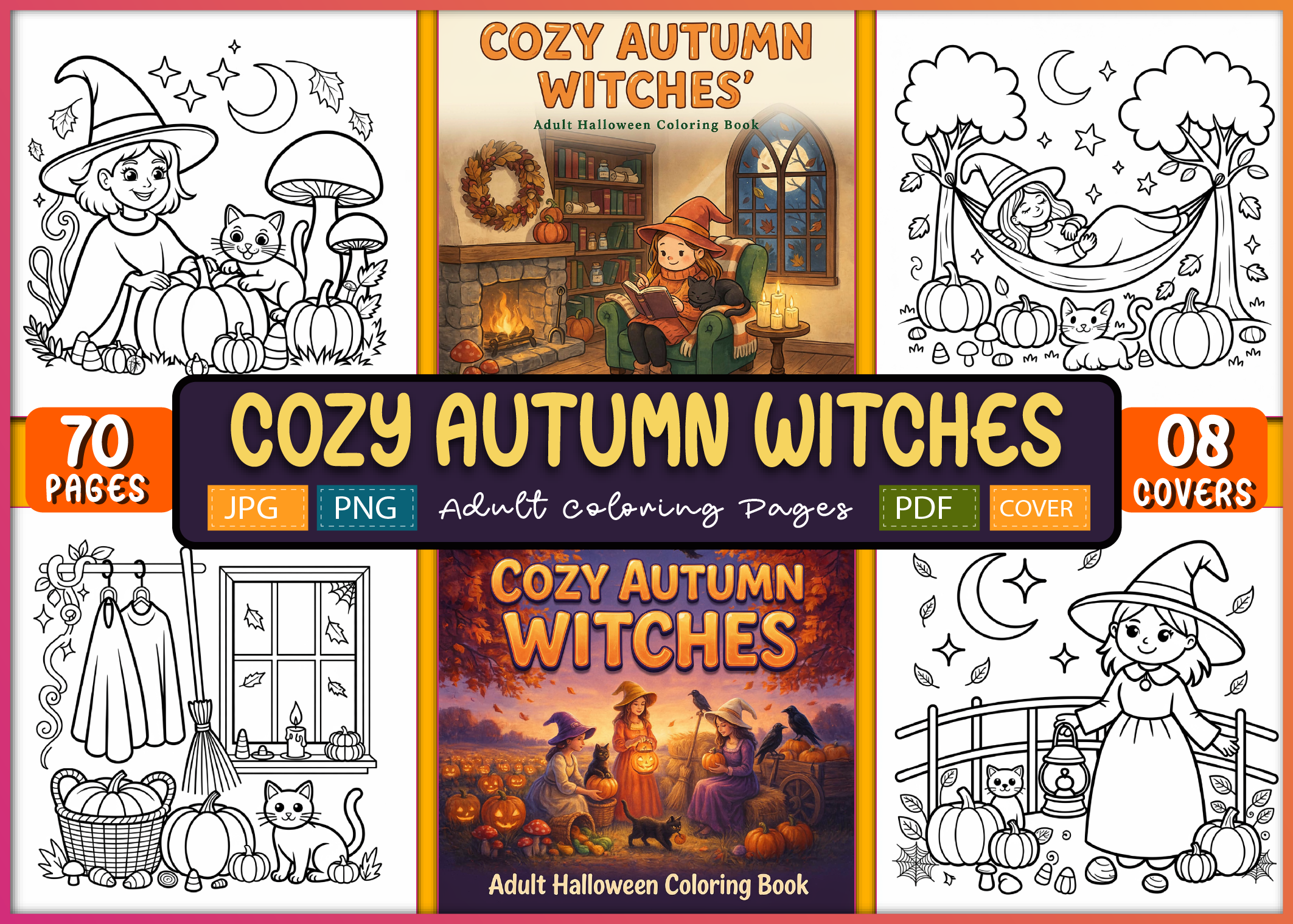 Cozy Autumn Witches Adult Coloring Pages