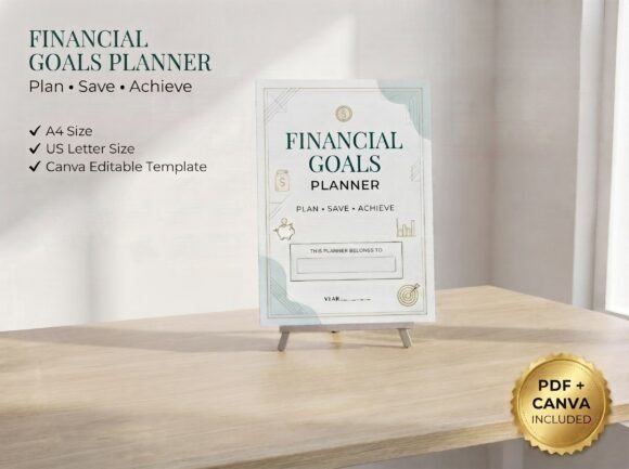 Canva financial goals planner with savings and debt payoff tracking