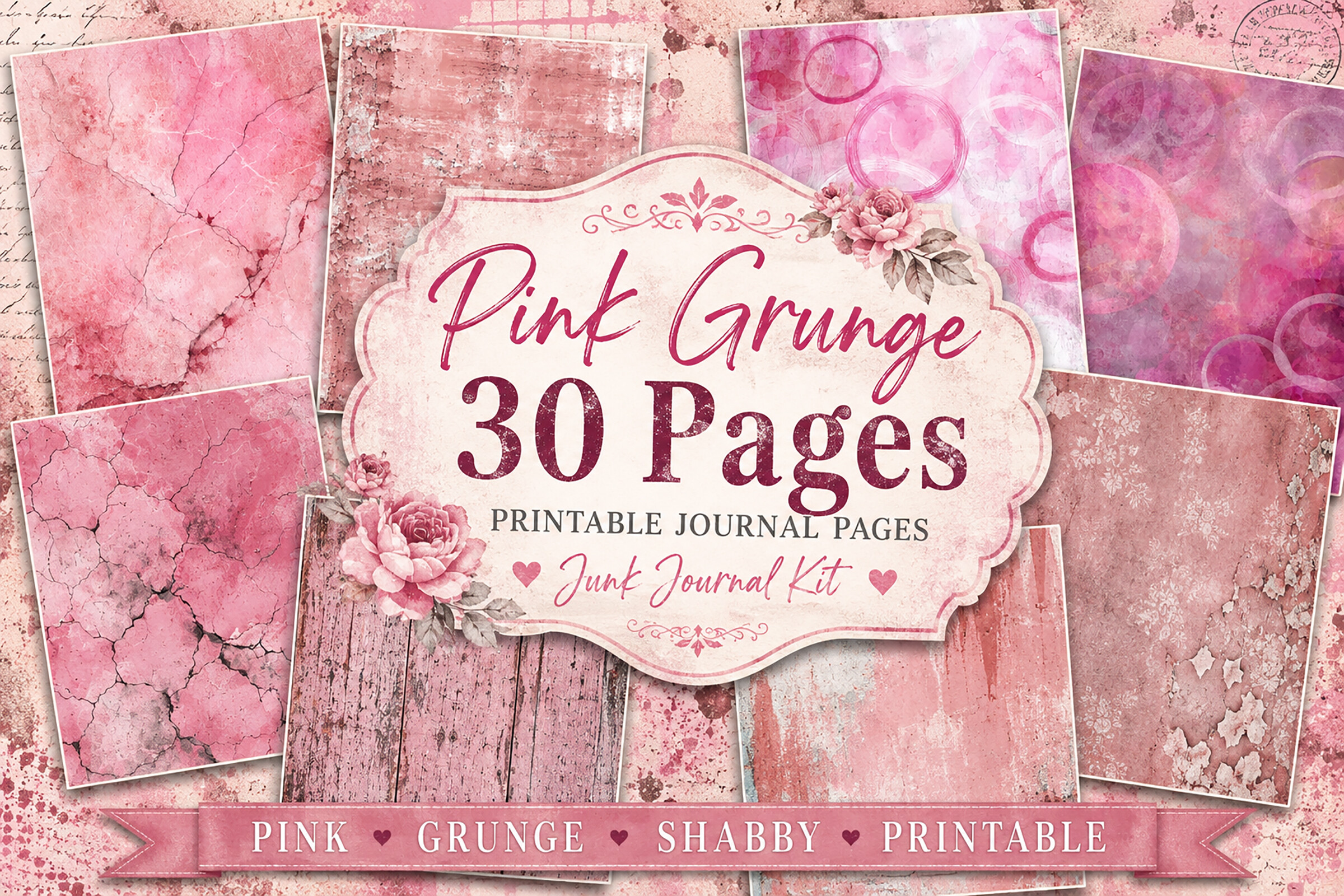 **Pink Grunge Texture Junk Journal Paper