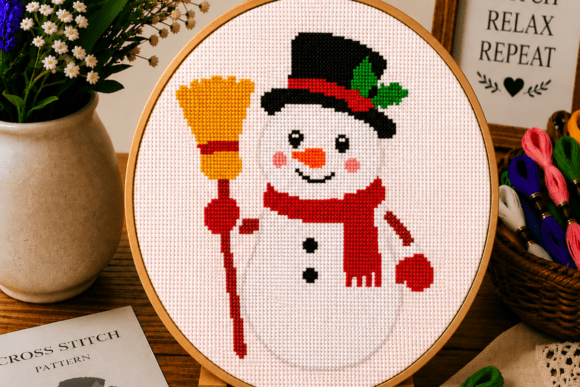 Snowman Broom Cross Stitch Pattern