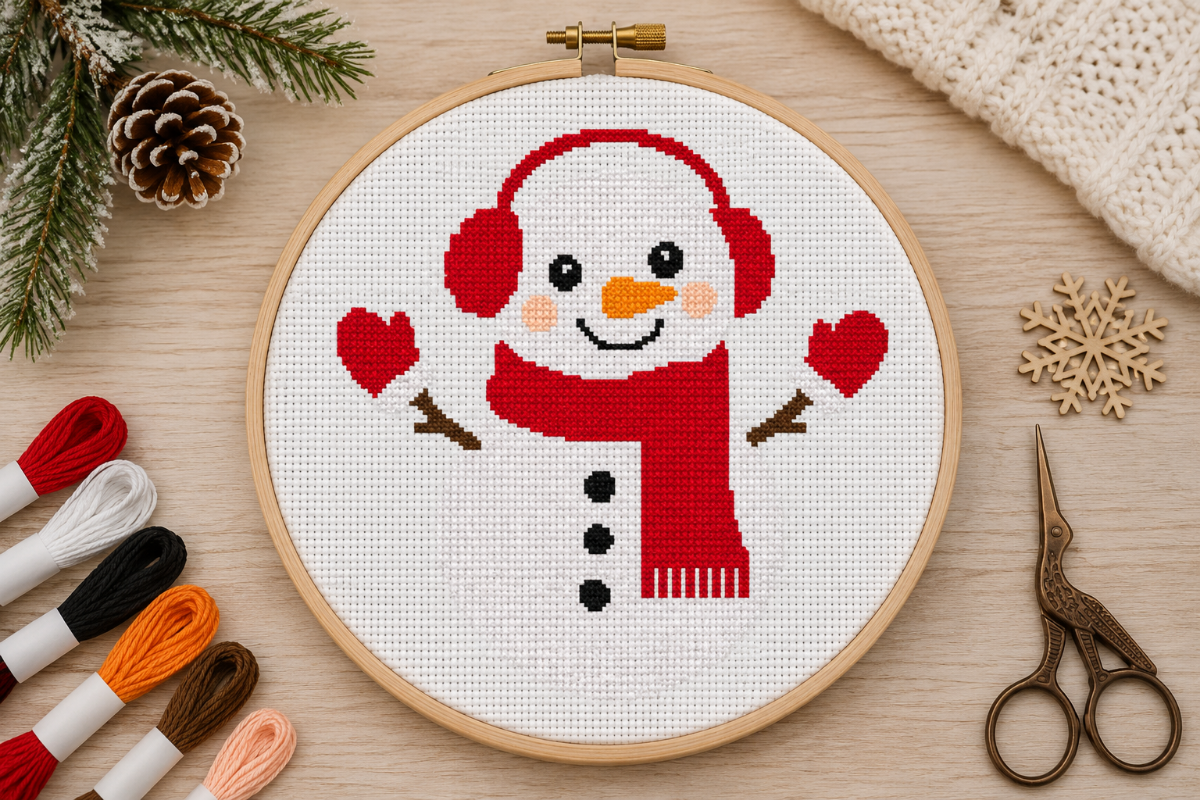 Snowman Earmuffs Cross Stitch PDF