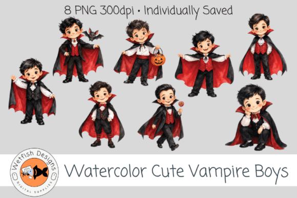 Watercolor Cute PNG Vampire Boys